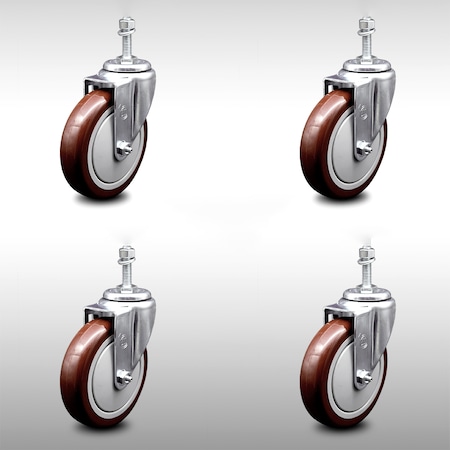 Service Caster 5 Inch SS Maroon Polyurethane Wheel Swivel 10mm Threaded Stem Caster Set SCC SCC-SSTS20S514-PPUB-MRN-M1015-4